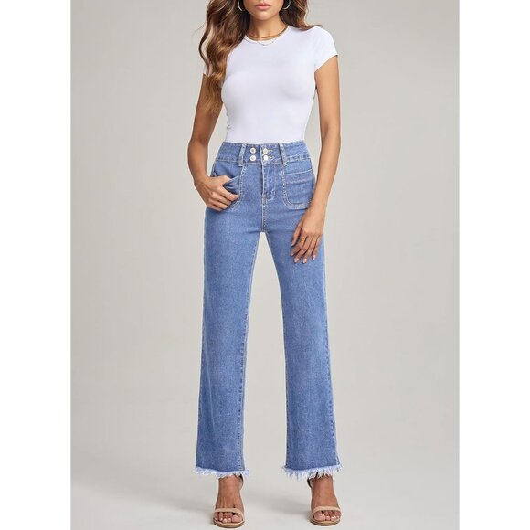 Womens Wide Leg Jeans High Waisted Denim Pants Frayed Hem Trendy Stretchy - Picture 5 of 6